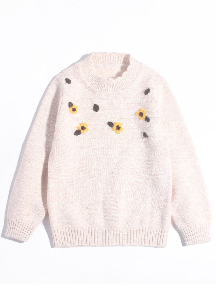 Kids Light Beige Cashmere Sweater with Yellow Floral Embroidery